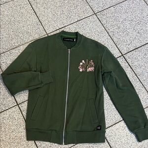 Green Bomber Jacket with Floral Embroidery